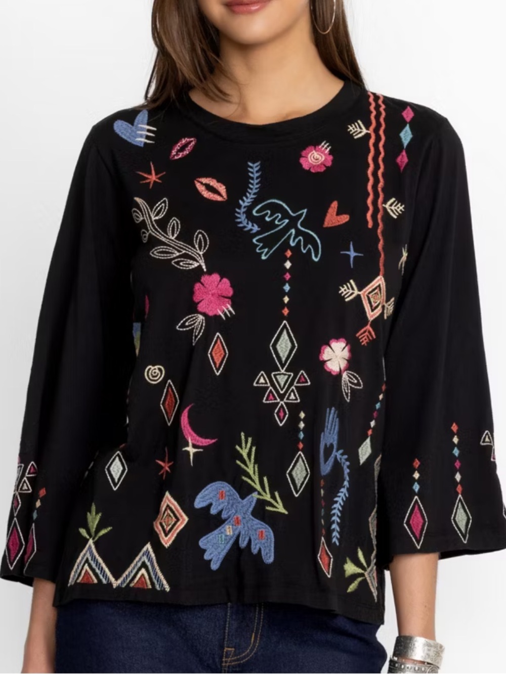 NWT JOHNNY WAS MILLEY KIMONO SLEEVE TEE Embroidered Black Cotton XL - Picture 3 of 7